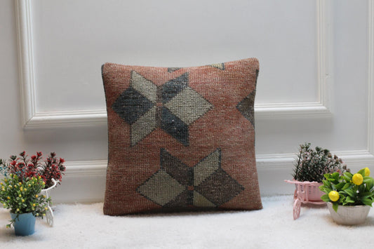 Red Turkish Kilim Pillow Cover: Vintage Woven Wool, 16x16