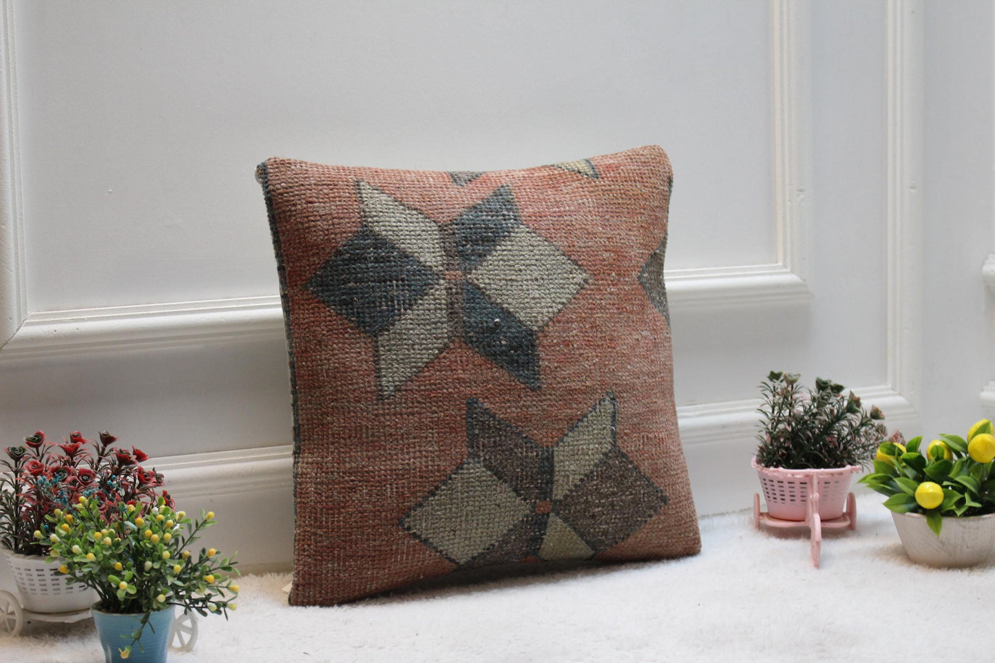 Red Turkish Kilim Pillow Cover: Vintage Woven Wool, 16x16