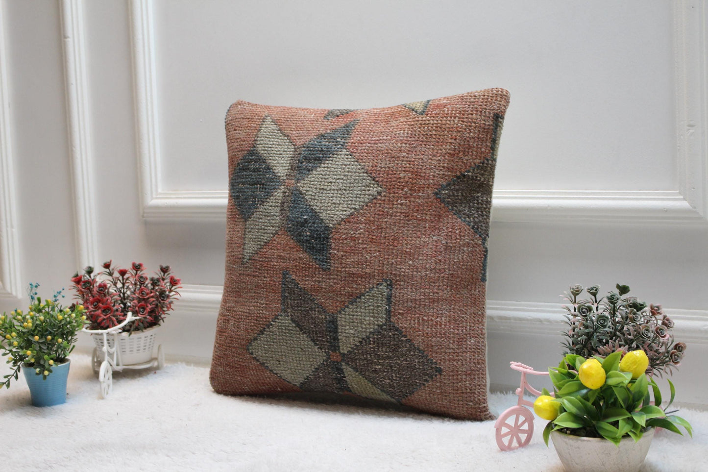 Red Turkish Kilim Pillow Cover: Vintage Woven Wool, 16x16