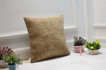 Handmade Beige Turkish Rug Pillow Cover: Vintage Kilim, 16x16 inch