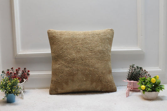 Handmade Beige Turkish Rug Pillow Cover: Vintage Kilim, 16x16 inch