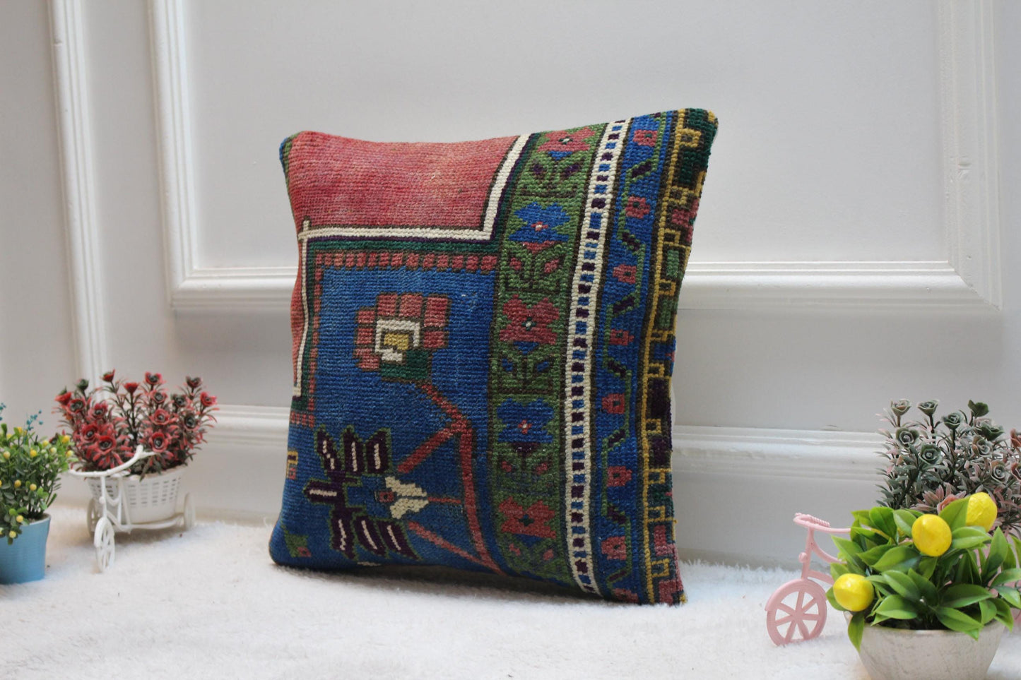 Handmade Kilim Pillow Cover: Upcycled Turkish Rug, Boho Design (16x16 inch)
