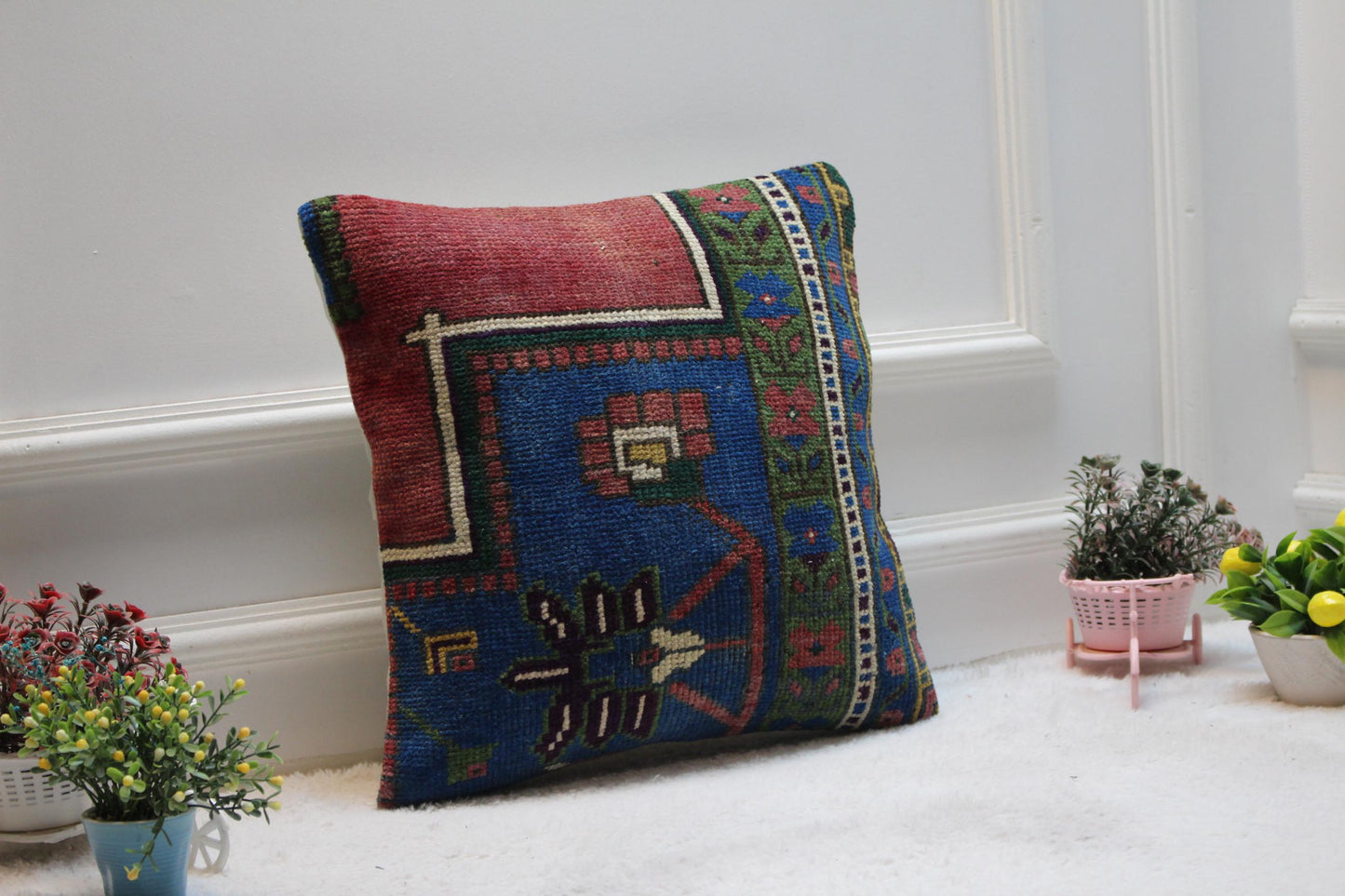 Handmade Kilim Pillow Cover: Upcycled Turkish Rug, Boho Design (16x16 inch)