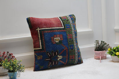 Handmade Kilim Pillow Cover: Upcycled Turkish Rug, Boho Design (16x16 inch)