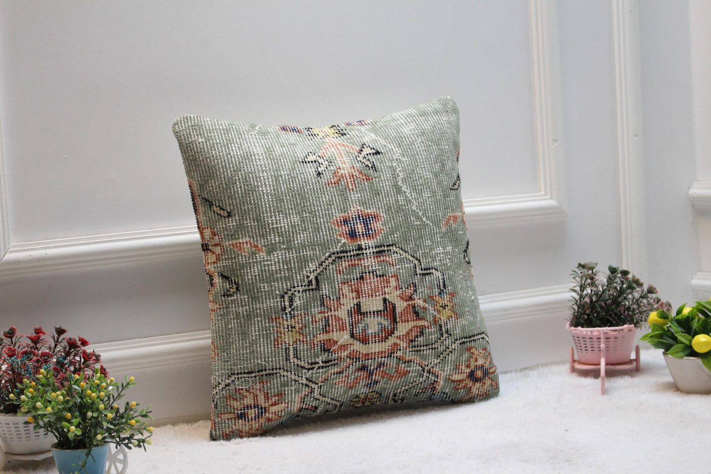 Green Vintage Turkish Rug Pillow Cover: 16x16 Organic Wool Pillow Case