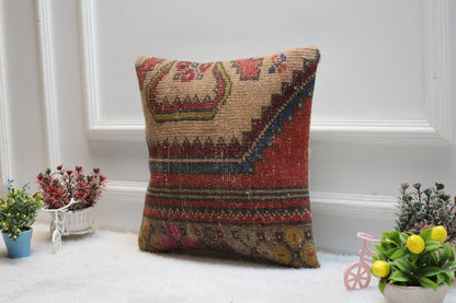 Handmade Kilim Pillow Cover: Upcycled Woven Rug, Boho Design (16x16 in)