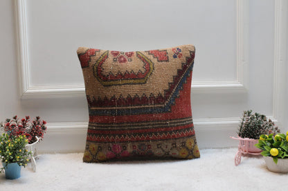 Handmade Kilim Pillow Cover: Upcycled Woven Rug, Boho Design (16x16 in)