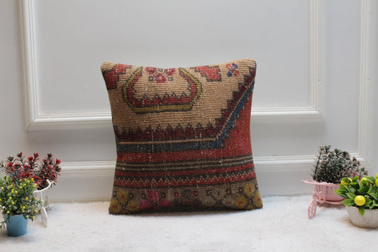 Handmade Kilim Pillow Cover: Upcycled Woven Rug, Boho Design (16x16 in)