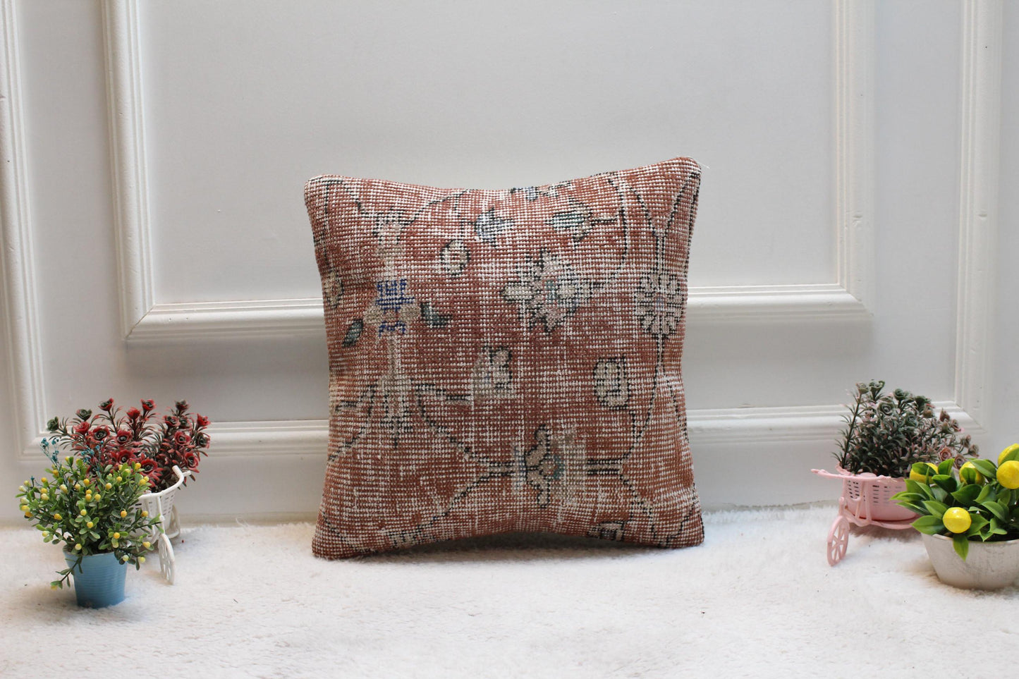 Red Vintage Turkish Rug Pillow Cover: 16x16 Boho Throw Pillow