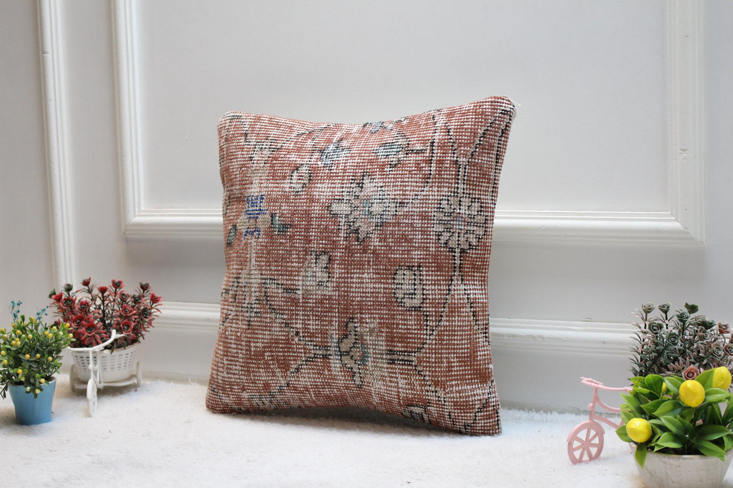 Red Vintage Turkish Rug Pillow Cover: 16x16 Boho Throw Pillow