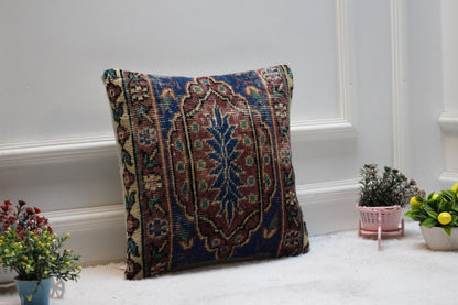 Handmade Kilim Pillow Cover: Upcycled Woven Rug, Boho Decor (16x16 inch)