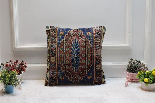 Handmade Kilim Pillow Cover: Upcycled Woven Rug, Boho Decor (16x16 inch)