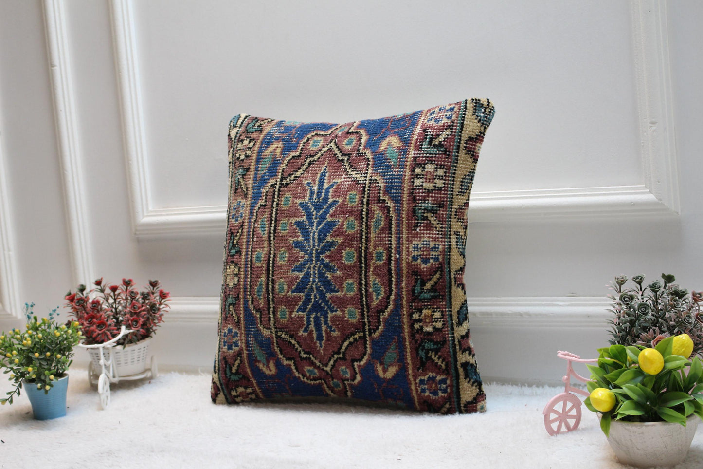 Handmade Kilim Pillow Cover: Upcycled Woven Rug, Boho Decor (16x16 inch)