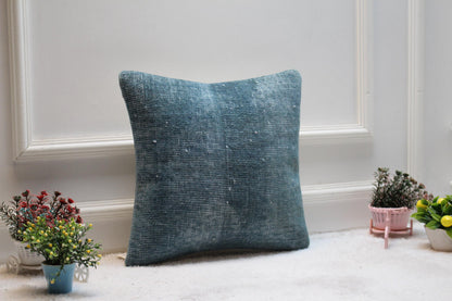 Blue Turkish Rug Pillow Cover: Vintage Boho Square Pillow Case (16x16 in)