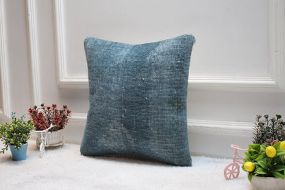 Blue Turkish Rug Pillow Cover: Vintage Boho Square Pillow Case (16x16 in)