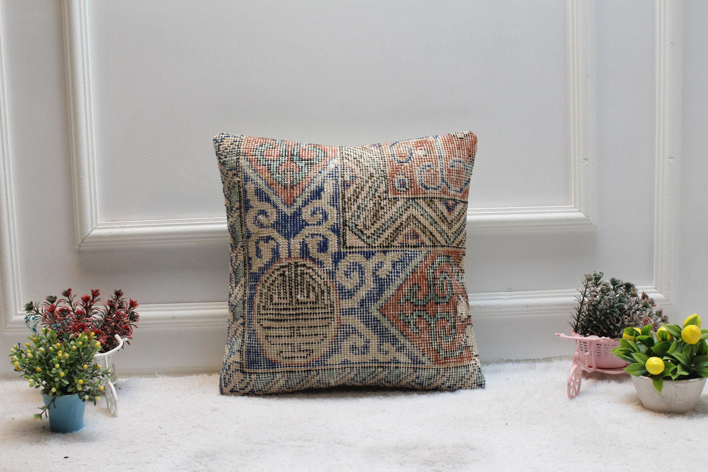 Blue Vintage Turkish Rug Pillow Cover: Boho Square Pillow, 16x16 inc