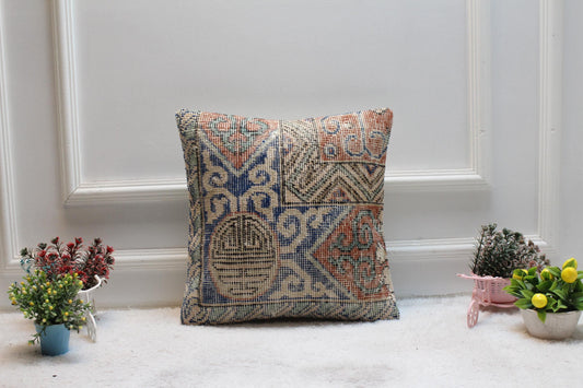 Blue Vintage Turkish Rug Pillow Cover: Boho Square Pillow, 16x16 inc