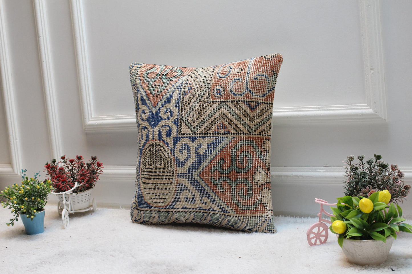 Blue Vintage Turkish Rug Pillow Cover: Boho Square Pillow, 16x16 inc