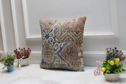 Blue Vintage Turkish Rug Pillow Cover: Boho Square Pillow, 16x16 inc