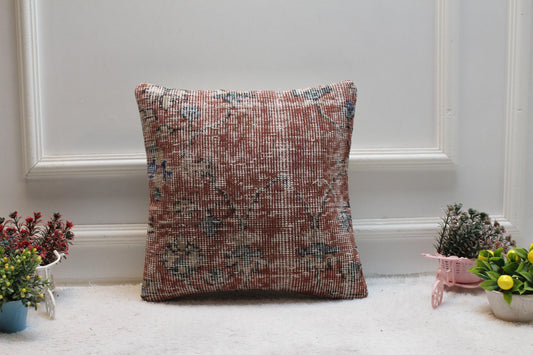 Red Turkish Rug Pillow Cover: Vintage Boho Wool, 16x16 inch