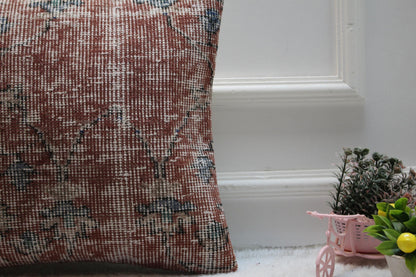Red Turkish Rug Pillow Cover: Vintage Boho Wool, 16x16 inch