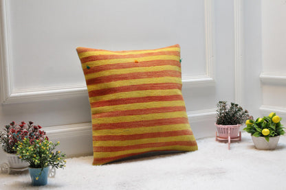 Handmade Striped Kilim Pillow Cover: Bohemian Decor (16x16 inch)