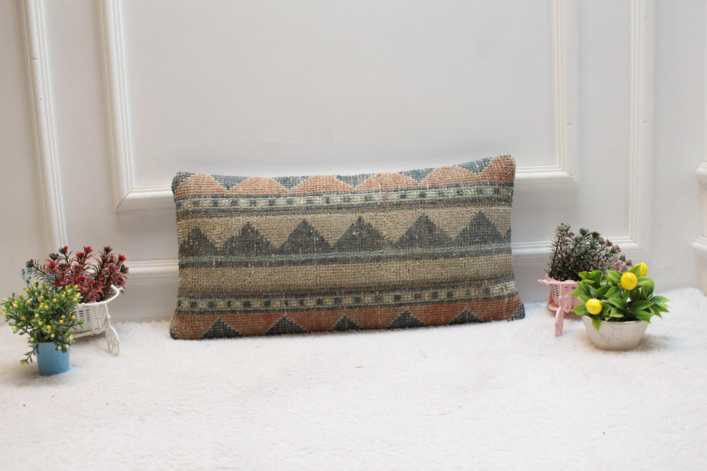 Handmade Kilim Pillow Cover: Upcycled Woven Rug, Bohemian Decor (12x24 in)