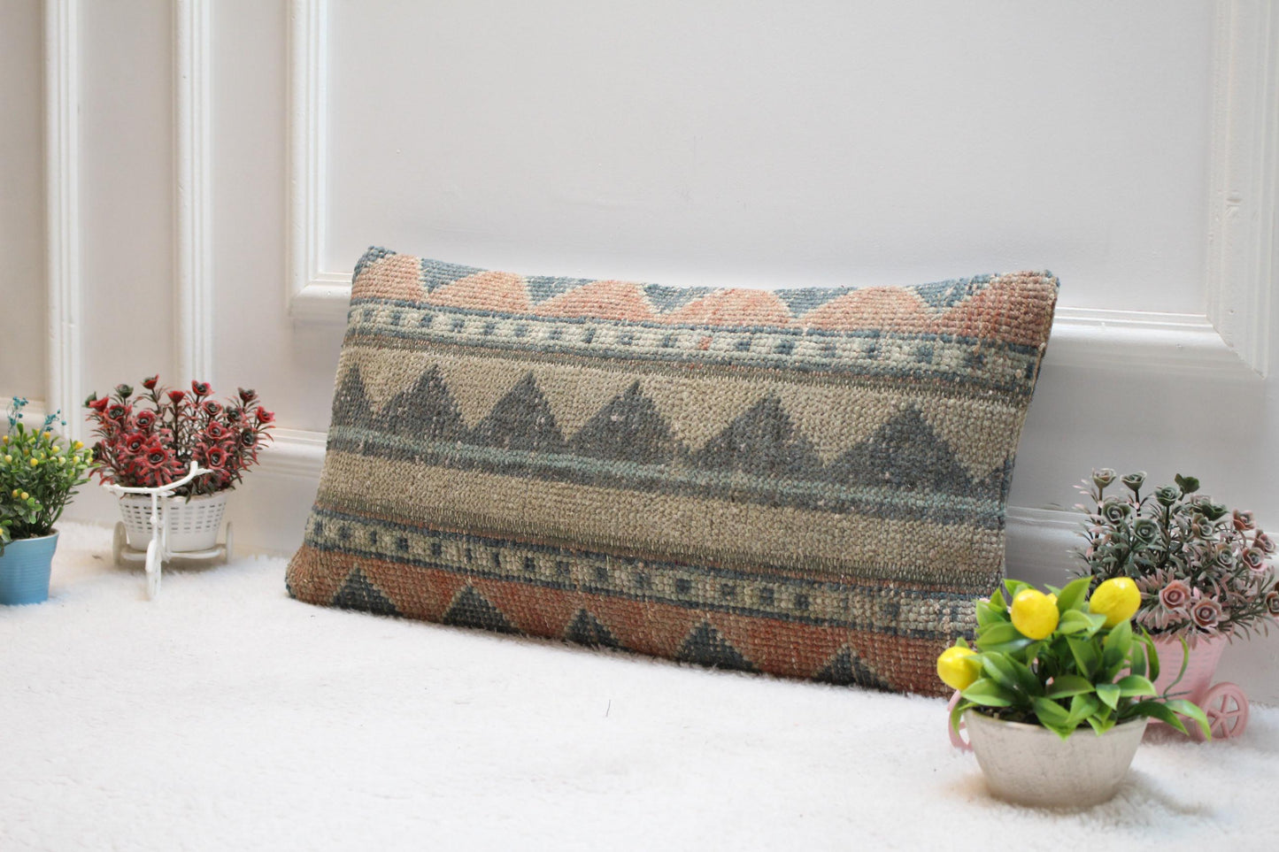 Handmade Kilim Pillow Cover: Upcycled Woven Rug, Bohemian Decor (12x24 in)