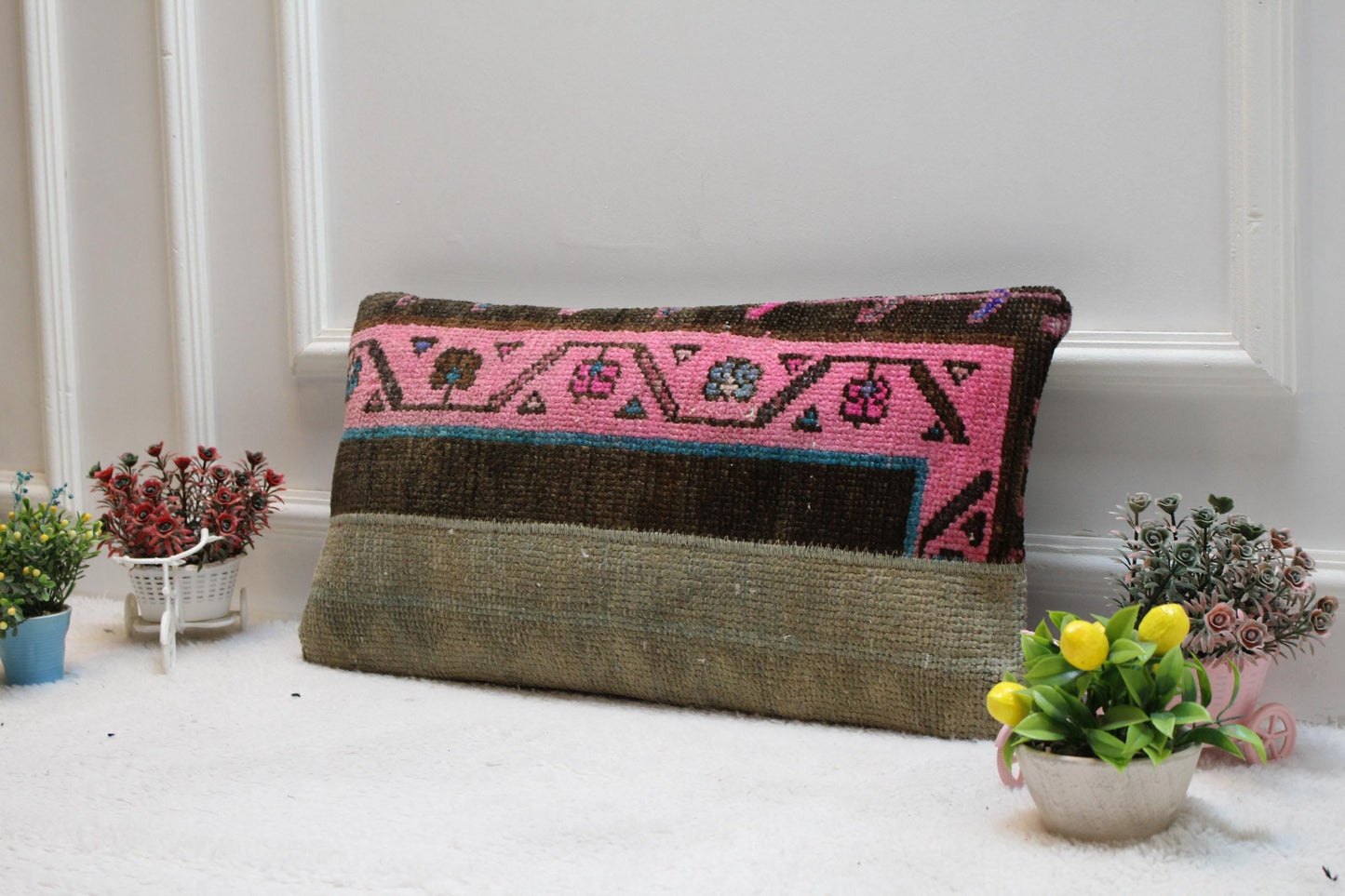Handmade Kilim Lumbar Pillow Cover: Pink Woven Wool, 12x24 inch