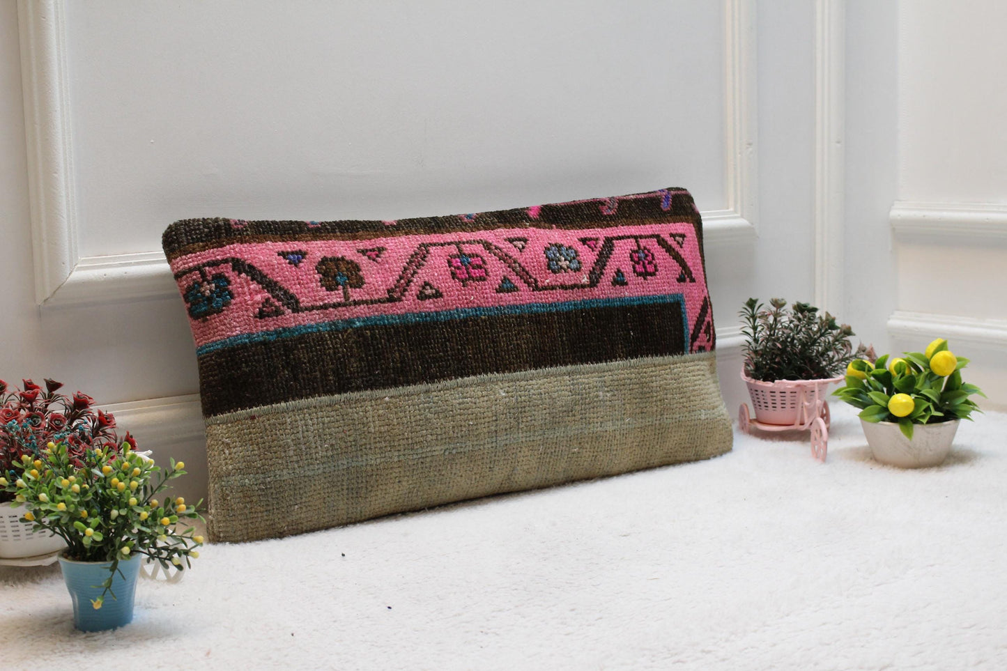 Handmade Kilim Lumbar Pillow Cover: Pink Woven Wool, 12x24 inch