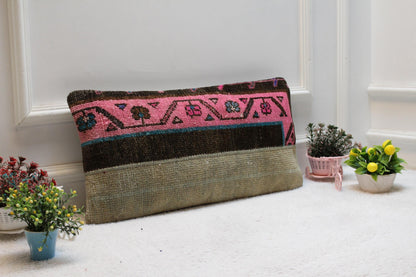 Handmade Kilim Lumbar Pillow Cover: Pink Woven Wool, 12x24 inch