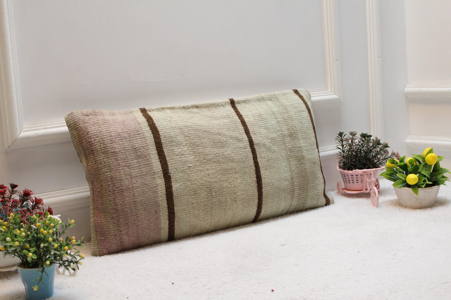 Handmade Kilim Pillow Cover: Upcycled Woven Rug, Boho Decor (12x24 inc)