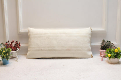 Handmade White Kilim Pillow Cover: Upcycled Woven Rug, 12x24 inch