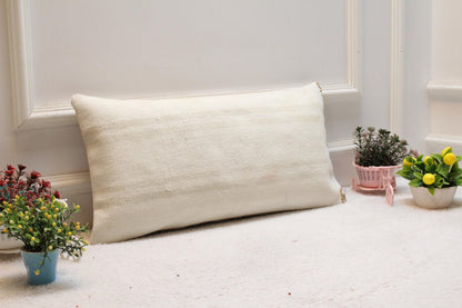 Handmade White Kilim Pillow Cover: Upcycled Woven Rug, 12x24 inch