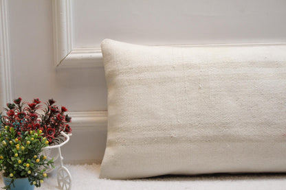 Handmade White Kilim Pillow Cover: Upcycled Woven Rug, 12x24 inch