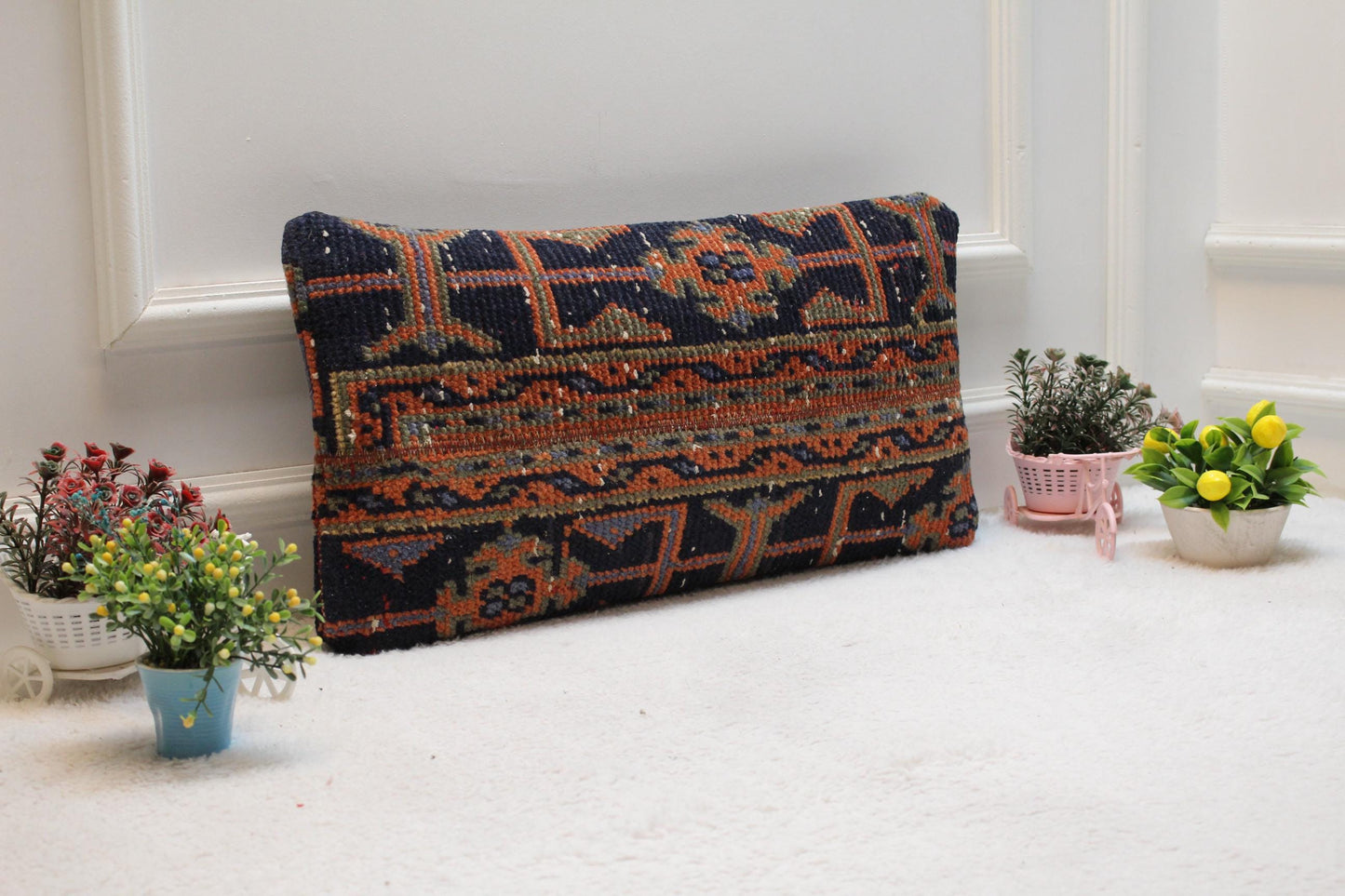 Handmade Kilim Pillow Cover: Orange & Blue Boho Decor (12x24 in)