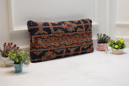 Handmade Kilim Pillow Cover: Orange & Blue Boho Decor (12x24 in)