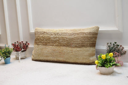 Handmade Beige Kilim Pillow Cover: Vintage Turkish Woven Cushion (12x24 inch)