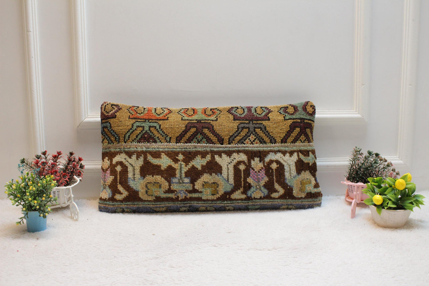 Handmade Kilim Lumbar Pillow Cover: Vintage Boho Rug Pillow (12x24 in)