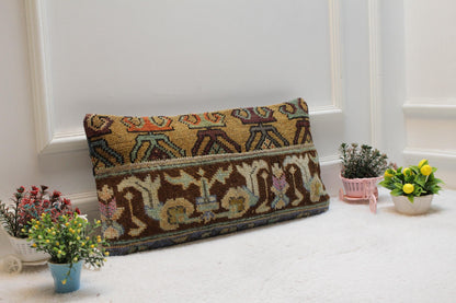 Handmade Kilim Lumbar Pillow Cover: Vintage Boho Rug Pillow (12x24 in)