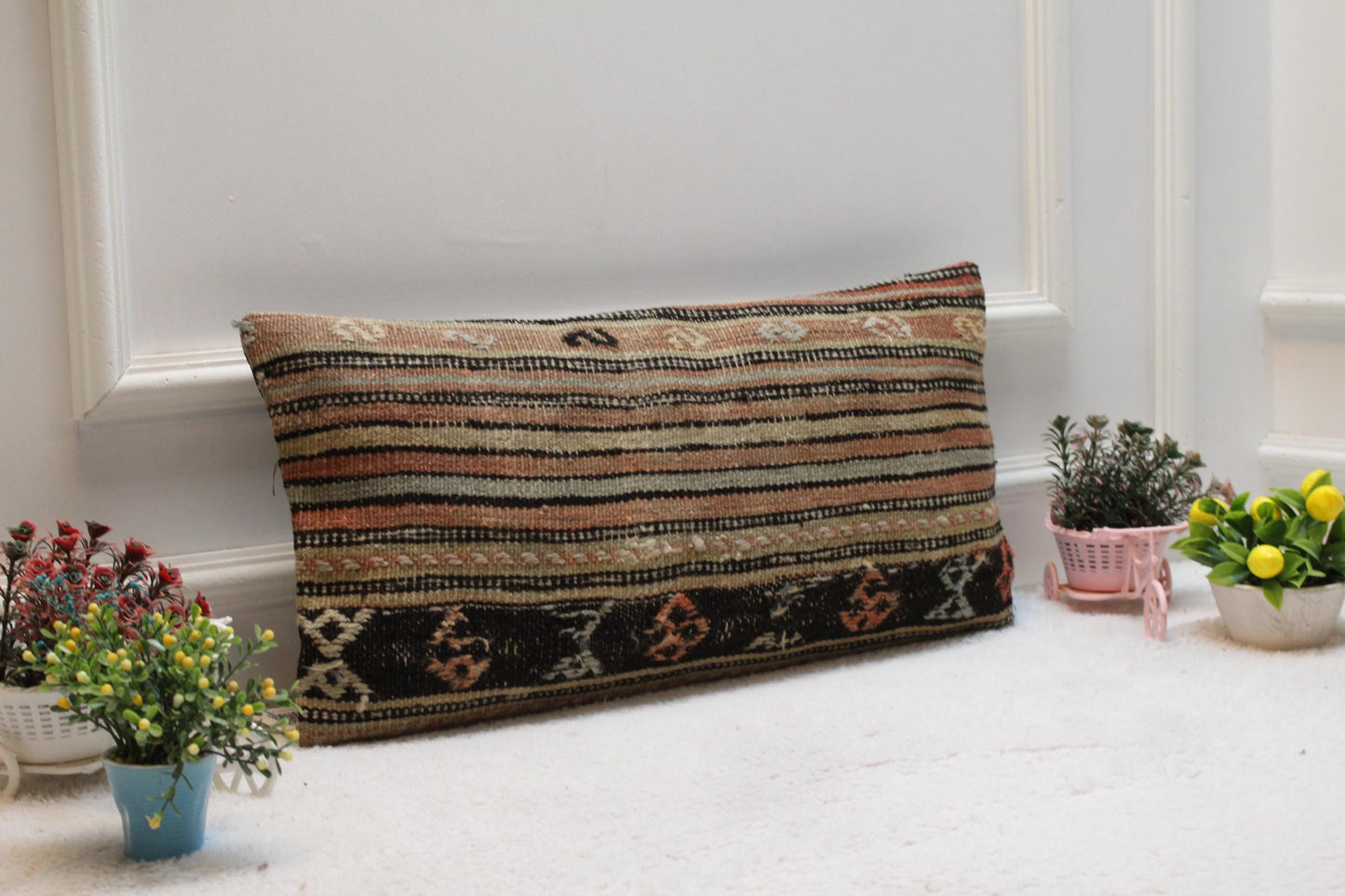 Striped Kilim Pillow Cover 12x24": Handmade Boho Throw Pillow