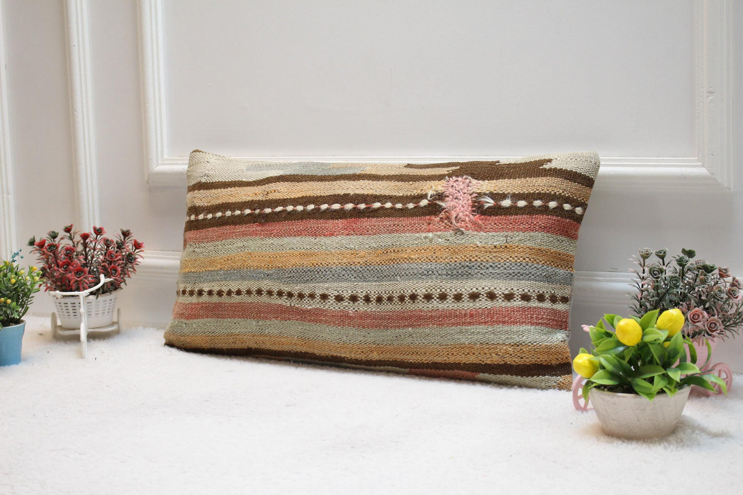 Handmade Kilim Lumbar Pillow Cover: Striped Boho Cushion (12x24 Inch)