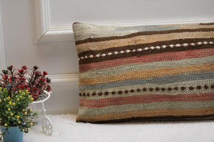 Handmade Kilim Lumbar Pillow Cover: Striped Boho Cushion (12x24 Inch)