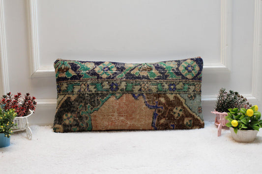 Vintage Turkish Rug Pillow Cover: Boho Lumbar Organic Wool Pillow (12X24 inc.)