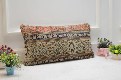 Handmade Floral Kilim Pillow Cover: Upcycled Turkish Rug, 12x24 inc