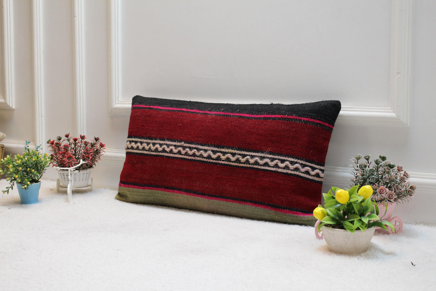 Handmade Red Kilim Lumbar Pillow: Vintage Striped Wool Cushion (12x24")