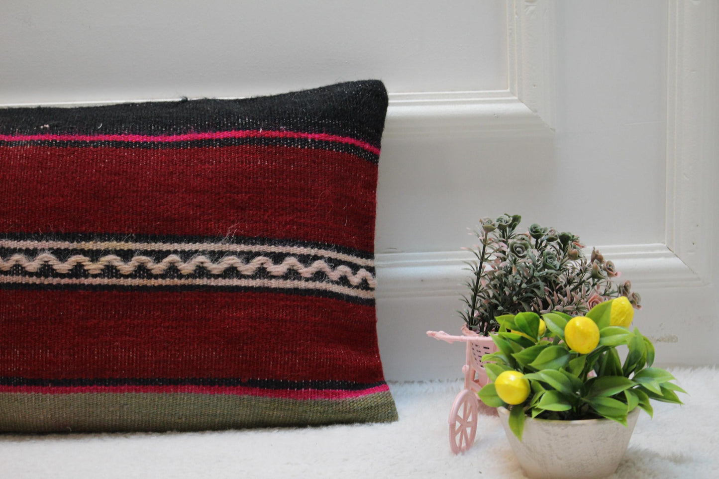 Handmade Red Kilim Lumbar Pillow: Vintage Striped Wool Cushion (12x24")