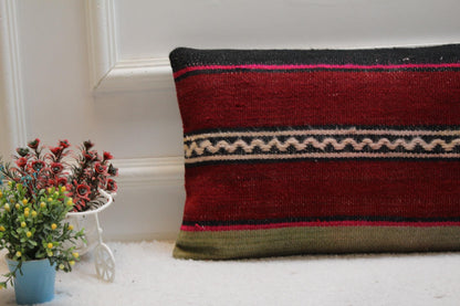 Handmade Red Kilim Lumbar Pillow: Vintage Striped Wool Cushion (12x24")