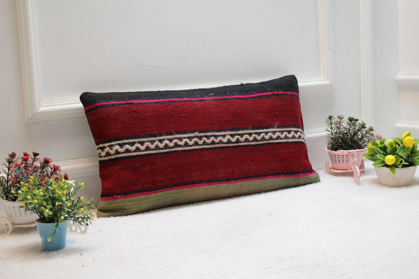 Handmade Red Kilim Lumbar Pillow: Vintage Striped Wool Cushion (12x24")