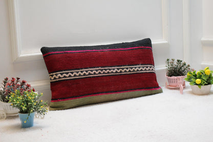 Handmade Red Kilim Lumbar Pillow: Vintage Striped Wool Cushion (12x24")
